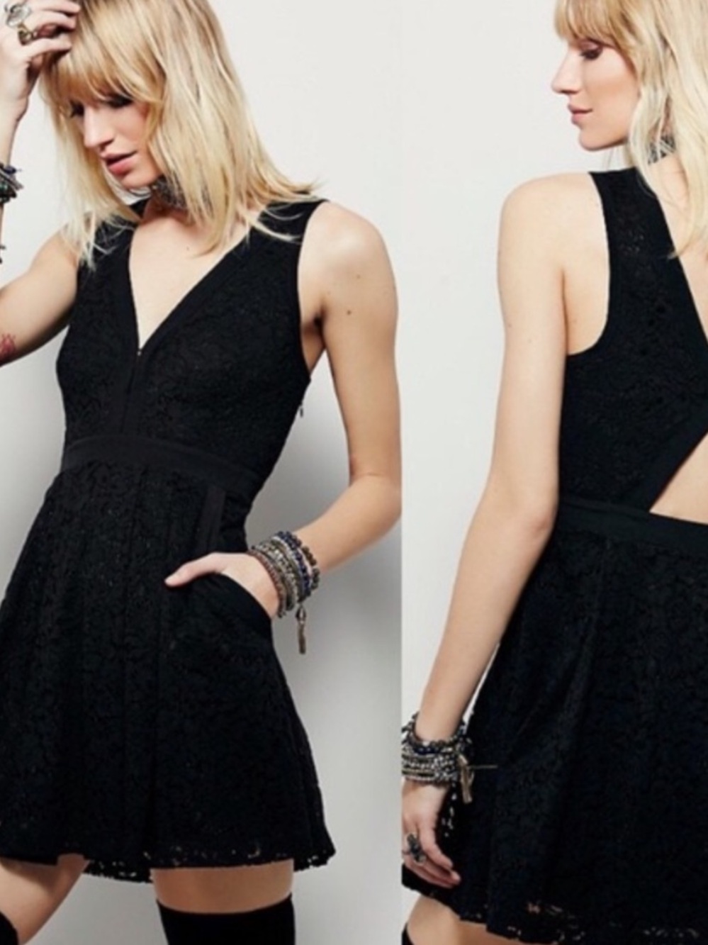Free People Lovely in Lace Fit and Flare Black V-Neck Pocketed Mini Dress